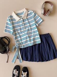 SHEIN Unity Spring/Summer New Blue & White Striped Polo Collar Half-Zip Waist Tie Bow Decor Sweet Cute T-Shirt, Retro College Style For Commuting - Blue and White - View 2