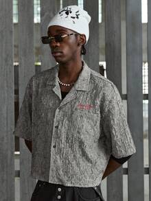 NEON BLANC 男士字母印花前开襟休闲宽松衬衫 - 淺灰色 - 查看 5