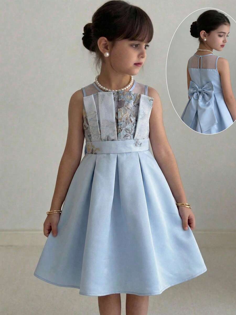 SHEIN Young Girl Jacquard Patchwork Round Neck Sleeveless Elegant Court Style Dress - Teal Blue - View 1