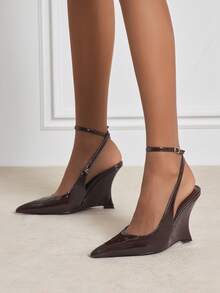 SHUZIA 女士时尚性感尖头踝带坡跟鞋 - 巧克力棕 - 查看 2