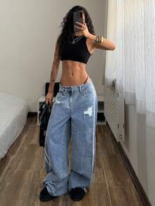 StreetHx 女士时尚休闲百搭运动条纹宽松直筒牛仔裤 - 淺色水洗藍 - 查看 8