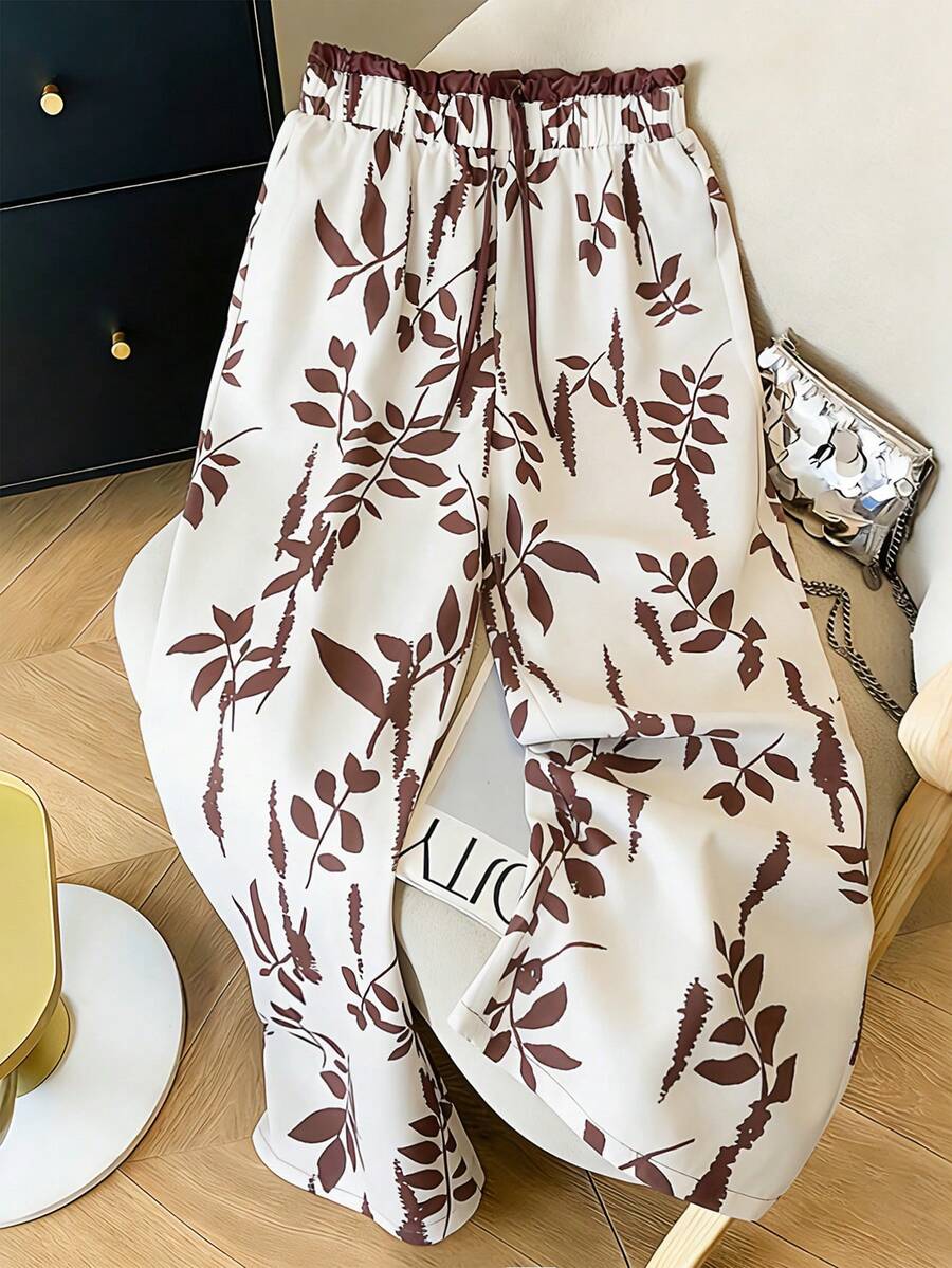 GlowEve 复古美式度假风印花宽松阔腿休闲裤，夏季设计松紧腰长裤 - 彩色 - 查看 1