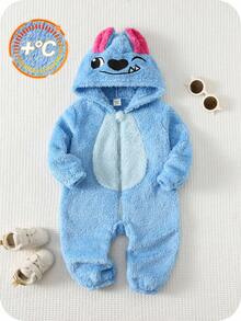 SHEIN Baby/Baby Boy/Girl Fleece Thickened Hooded Jumpsuit, Jumpsuit Outfits, Comfortable Versatile Fashion Daily Cute Ear Design Costumes, Suitable For Indoor, Outdoor Skiing, Daily Wear, Sports, Play, Party, Photo Shoot, Holiday, Halloween Warm Jumpsuit For Baby Boy New Born Baby Boy Clothes Winter Baby Fleece Jumpsuit Baby Cartoon Clothes - Blue - View 6