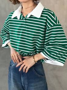 FRIFUL Camiseta de manga corta con cuello polo y media cremallera, de corte holgado y con rayas, con cuello en contraste, para verano - Verde - Ver 9