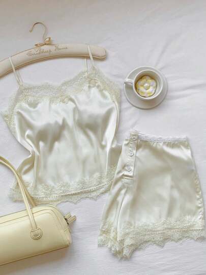 Comfortcana Women's Solid Color Contrast Lace Camisole And Shorts Set