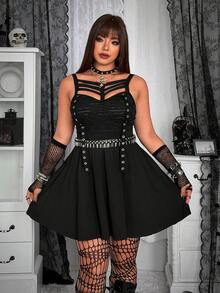 SHEIN Whyspr Plus Size Dark Grunge Distressed Texture Patchwork Eyelet Lace-Up Dress - Black - View 1