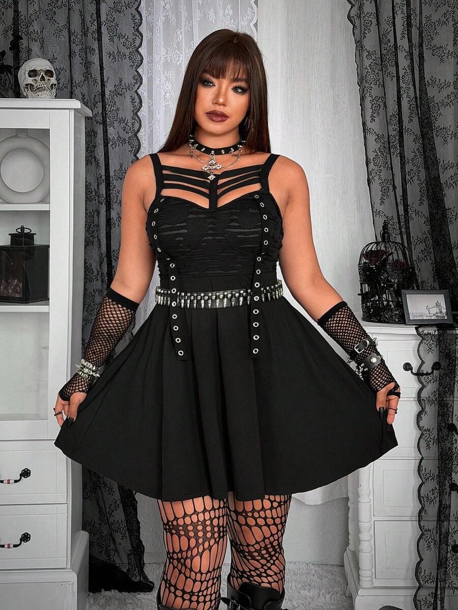 SHEIN Whyspr Plus Size Dark Grunge Distressed Texture Patchwork Eyelet Lace-Up Dress - Black - View 1
