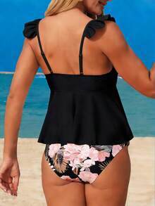 Swim Lushoire 女士夏季荷叶边露脐上衣和高腰热带印花随机款式吊带泳裤两件套泳装，海滩度假休闲装 - 彩色 - 查看 2