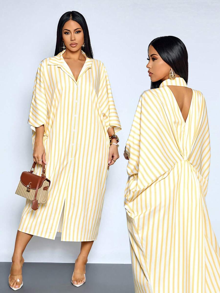 SOLERSUN Women's Summer Simple & Elegant Beach Vacation Yellow Striped Print Batwing Sleeve Long Dress With Twist Waist And Hollow Out Design Casual Vacation Outfits For Summer,Beach-Ready Outfits Travel, Daily Wear, Party,Holiday - Yellow - View 1