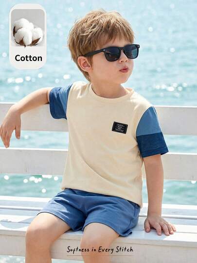 Cozy Pixies 2pcs/Set Young Boy Contrast Color Knit Label Round Neck Short Sleeve Top And Elastic Waist Shorts