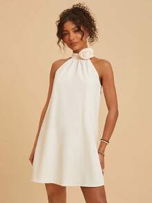 Travachic Robe d'été à col ras-du-cou avec fleurs 3D de couleur unie pour femmes - Nude - Voir 1