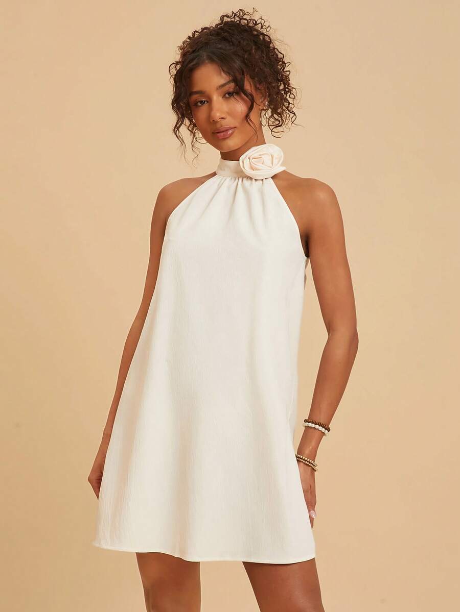 Travachic Robe d'été à col ras-du-cou avec fleurs 3D de couleur unie pour femmes - Nude - Voir 1
