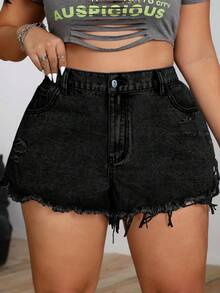 SHEIN CURVE+ Quần short denim đen rách dáng rộng dành cho nữ cỡ lớn, thích hợp mặc mùa hè. - màu đen - Xem 5