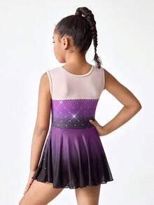 少女体操服，无袖渐变紫色和黑色水钻网纱拼接连体衣，弹力针织面料舒适健身连体裤 - 黑色 - 查看 2