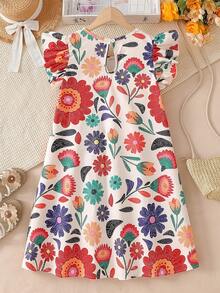 SHEIN Girls' Tropical Colorful Floral Ruffle Hem Round Neck Dress, Mommy And Me - Multicolor - View 4
