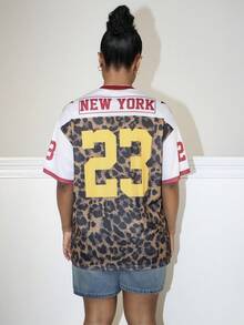 Steph T Women's Summer Festival Vintage Streetwear Sportswear Number Printed Oversized Baseball Jersey T-Shirt,Leopard Print Top,Autumn Clothes,Cheetah Print Top,Leopard Print Top - Brown - View 2