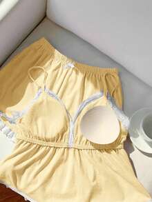 Comfortcana 女士蕾丝蝴蝶结装饰吊带背心和短裤休闲日常穿搭 - 鵝黃色 - 查看 8