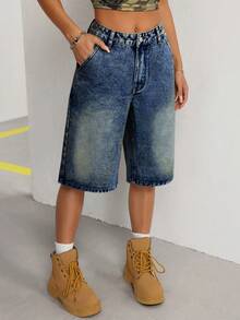 Jeanoix Vintage Washed Wide Leg Denim Shorts, Casual For Spring/Summer - Dark Wash - View 5