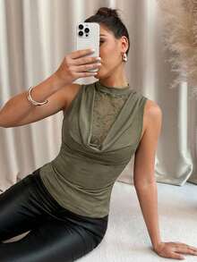 Lavishia Canotta in pizzo con scollo profondo da donna, per primavera/estate - Verde militare - Visualizzare 7