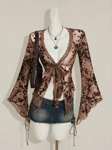 SHEIN ICON Asymmetrical Hem Flare Sleeve Retro Flocked Mesh Sheer Cardigan For Women - Brown - View 4