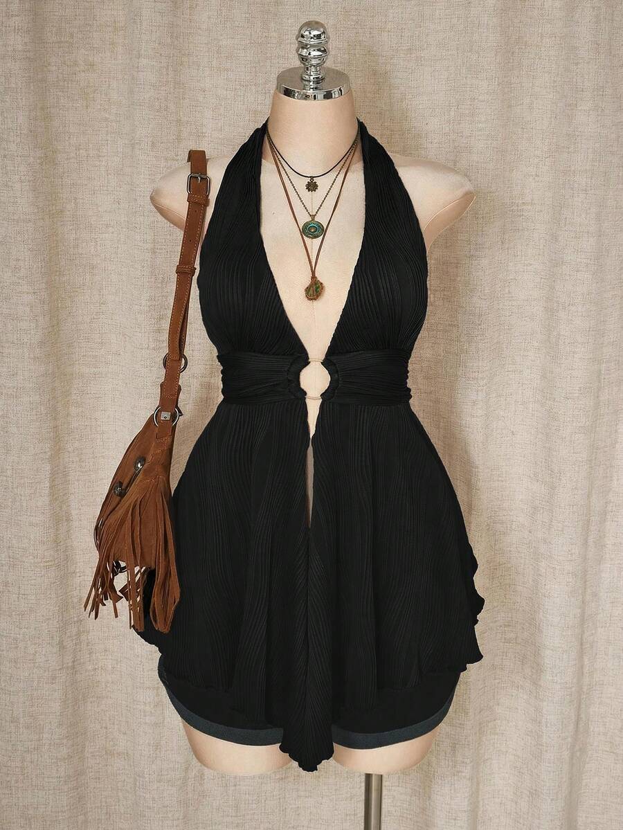 SHEIN ICON 大码 Y2K 风格镂空不对称下摆娃娃衫吊带针织背心 - 黑色 - 查看 1