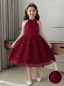 SHEIN 优雅蓝色无袖连衣裙，适合少女，甜美公主风，蝴蝶结设计，时尚优雅。 - 酒紅色 - 查看 1