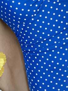 SHEIN Áo tắm liền thân cổ yếm họa tiết chấm bi và bướm dành cho thiếu nữ, thích hợp cho kỳ nghỉ hè ở bãi biển. - Xanh và trắng - Xem 10