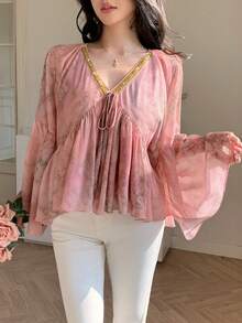 DAZY 女士优雅花卉亮片拼接褶裥系带衬衫，春夏款 - 粉色 - 查看 10