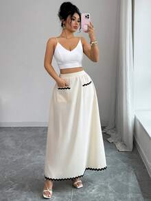 Selianne Chân váy xòe ôm dáng, thanh lịch, lãng mạn màu mơ, thiết kế túi, nơ lượn sóng, dành cho nữ, mùa xuân/hè. - Màu be - Xem 5