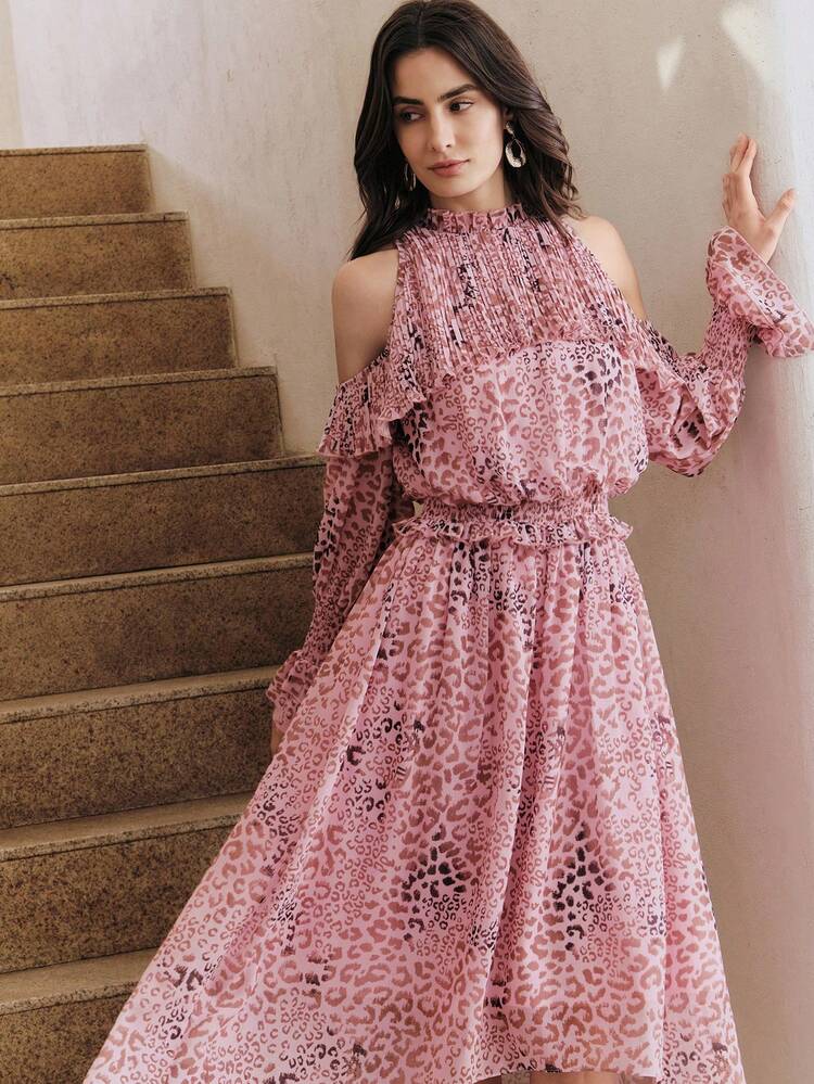 Vintage Sexy Pink Leopard Print Off-Shoulder Long Sleeve Cinched Waist Dress For Women Smocked Women Dress Cold Shoulder Dresses