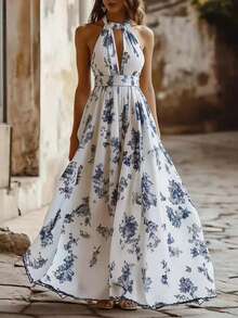 Balvessa 女士优雅印花露背连衣裙，夏季 - 彩色 - 查看 1