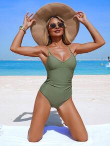 Swim Lushoire Costume da bagno intero da donna con spalline sottili, colore unito, adatto per le vacanze al mare - Grigio - Visualizzare 1