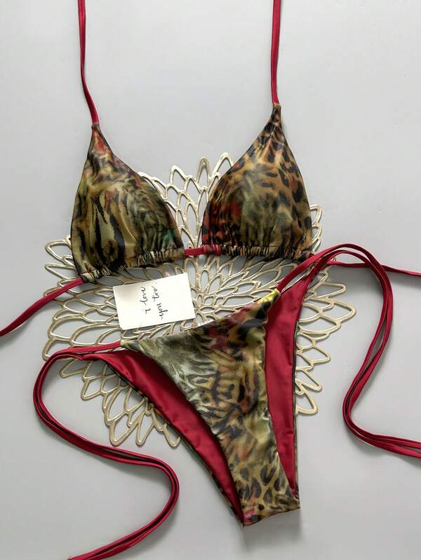 Swim Vcay Women's Leopard Print Bikini Set,2pcs Spaghetti Strap Backless Side Tie Bathing Suit,Dark Beige,Summer,Casual,Beach,Holiday,Vacation,Holiday