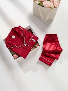 2 Stücke Mädchen Burgunderrot gestreifter Herz bestickter Langarm Cardigan und Hose, bequemer Pyjama-Set - Bordeaux - Übersicht 6