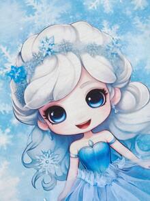 SHEIN 女婴夏季无袖卡通公主雪花印花圆领时尚公主连衣裙，适合日常外出穿着 - 藍色 - 查看 6