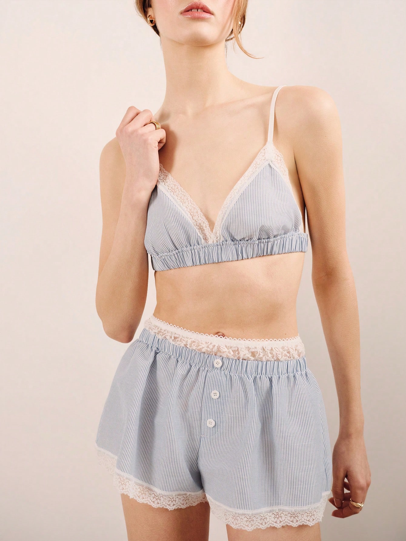 Striped Bralette And Shorts Set With Lace Details Spring Summer Casual Cute Lingerie Set 2 Piece Sleepwear Set