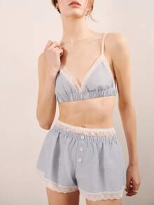 lacRébo Striped Bralette And Shorts Set With Lace Details Spring Summer Casual Cute Lingerie Set 2 Piece Sleepwear Set - Multicolor - View 1