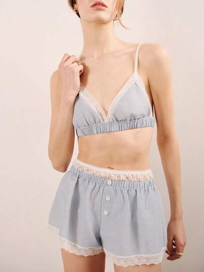 lacRébo 条纹蕾丝细节文胸短裤套装