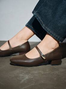 女士3厘米布面包跟黑色时尚百搭玛丽珍低跟粗跟优雅平底鞋，另有藏蓝色、咖啡色、酒红色可选 - 深棕色 - 查看 8