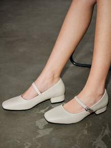 女士3厘米布面包跟黑色时尚百搭藏蓝色、咖啡色、酒红色低跟粗跟优雅玛丽珍平底鞋 - 杏色 - 查看 8