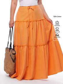 Solavibe 大码休闲纯色前系结荷叶边下摆半身裙 - 橘色 - 查看 1
