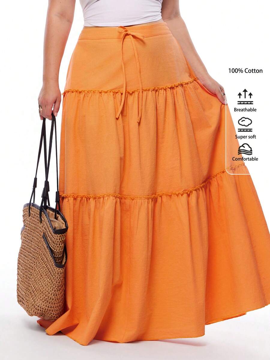 Solavibe 大码休闲纯色前系结荷叶边下摆半身裙 - 橘色 - 查看 1