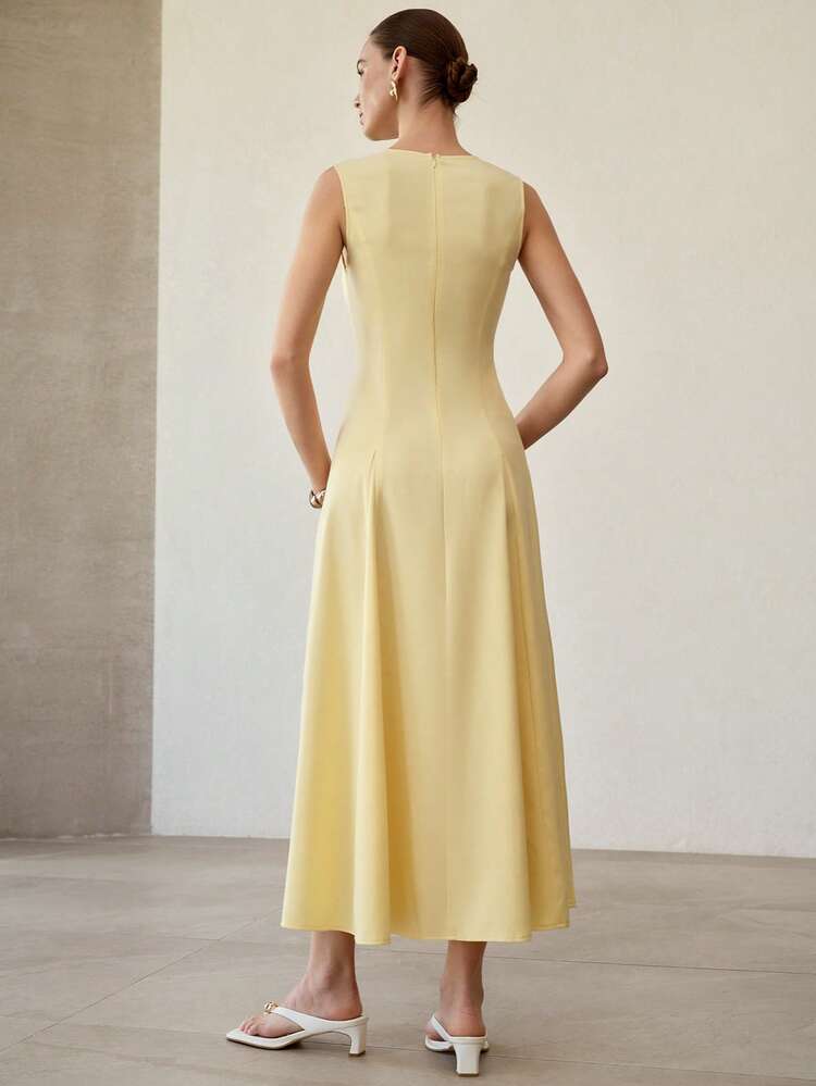 SPRING/SUMMER NEW NOTCH NECK SLEEVELESS WAIST GATHERED A-LINE RHINESTONE CINCHED WAIST ELEGANT DRESS FOR WOMEN