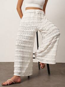 Enliva 大码波西米亚风秋冬女装休闲度假风纯色波点针织蕾丝荷叶边高腰直筒裤，适合海滩度假、西部乡村风音乐会度假等场合，也适合日常穿着。白色阔腿裤，适合苹果型和圆润身材，夏季穿着。 - 白色 - 查看 8
