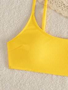 SHEIN Swim Women's Solid Color Ribbed Spaghetti Strap Bikini Set, Summer Beach Vacation - Yellow - View 4