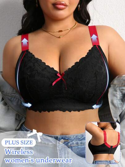 DesireSculpt 加大码黑色蕾丝无钢圈可调节支撑提拉文胸，宽肩带，舒适提升胸型，1件装