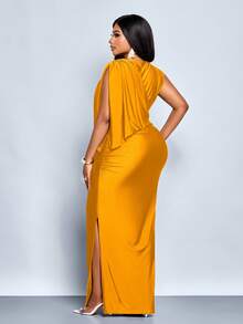 SOLERSUN 大码女式派对通勤优雅棕色亮面针织面料无袖露肩不对称领肩部褶裥臀部收褶性感H型下摆侧开衩长裙，圆领腰包搭配折叠臀部褶裥的超长连衣裙，不对称拼接褶裥，秋冬季，派对礼服，舞会礼服，奢华晚礼服，毕业礼服，黑色连衣裙 - 橘色 - 查看 4