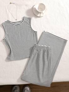 Sparklyn 女童休闲时尚吊带背心，柔软舒适，夏季百搭设计，适合度假、旅行、上学、日常穿着 - 黑與白 - 查看 1