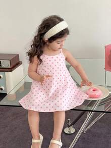 SHEIN LMoss Kids 女婴休闲可爱夏季粉色条纹蝴蝶结吊带连衣裙 - 粉色 - 查看 5