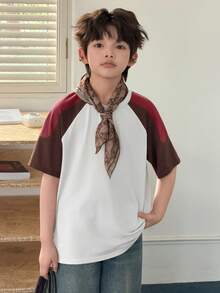 Dazy Kids Camiseta casual holgada de manga corta con cuello redondo y manga raglán de color contrastante para niño preadolescente - Blanco - Ver 3